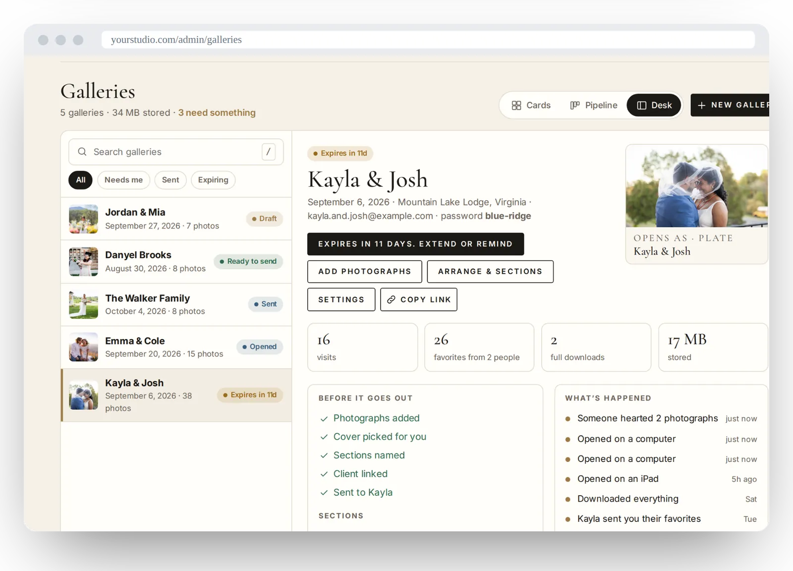 The gallery dashboard showing a checklist and client activity