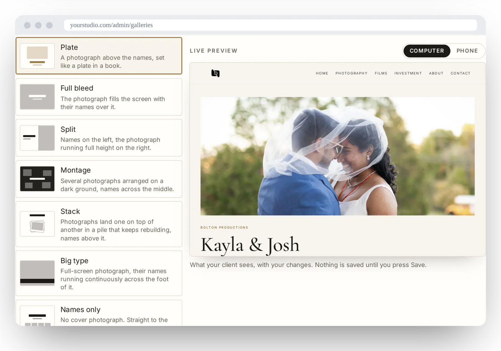 Cover styles with a live preview of the gallery