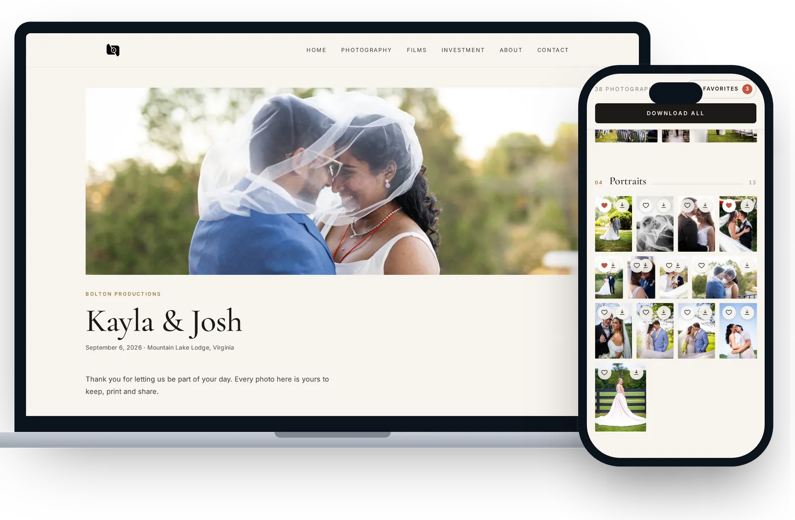 A wedding gallery on a photographer&rsquo;s own website, on a laptop and a phone