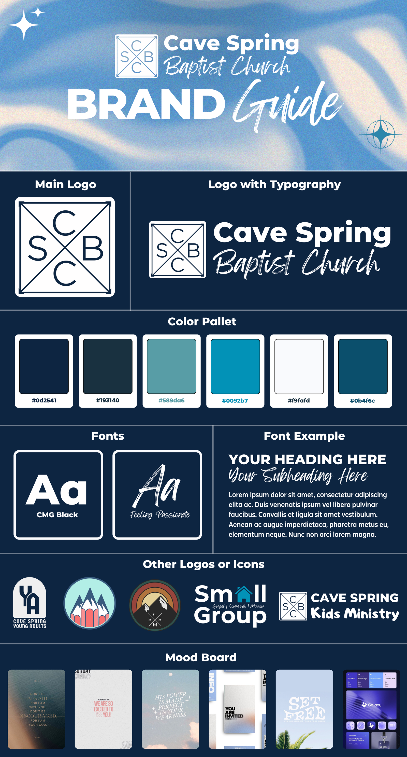 Cave Spring Baptist Church brand guide, logo, typography, and color palette.