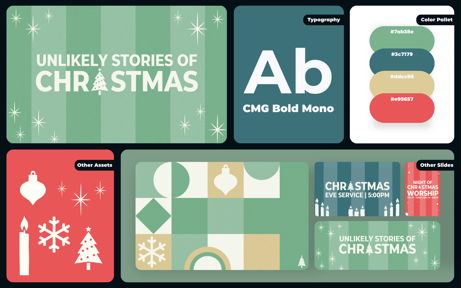 Unlikely Stories of Christmas presentation theme and illustrations.